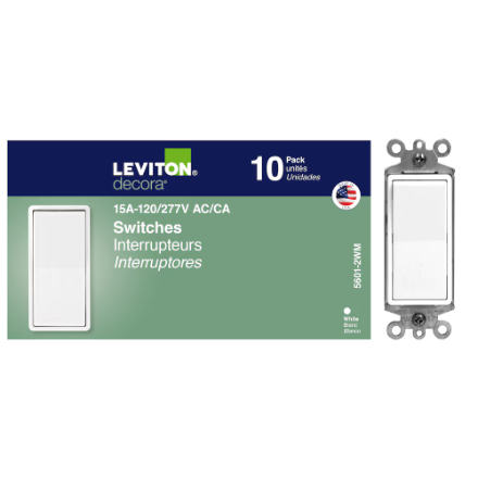 Leviton Decora Single Pole Switch, White 10 pc